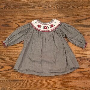 EUC Le Za Me Black Gingham Smocked Poinsettia Long Sleeve Dress Size 9M